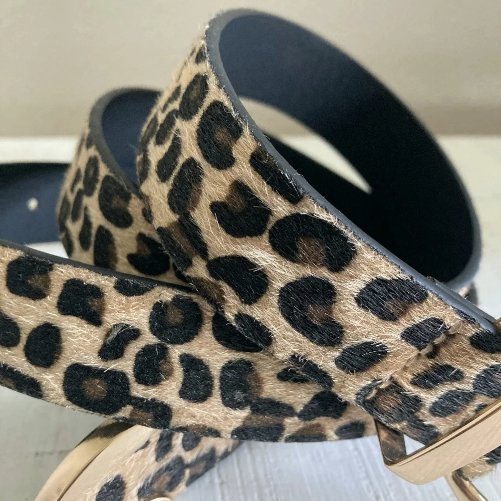 Leopard Faux Calf Hair Belt Gold Buckle Animal Print XL/ 1X Casual